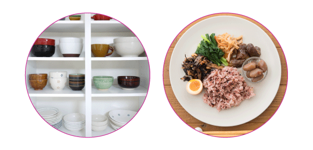 「使いやすく食器が並べられた食器棚」と「ご飯とおかずが1つのお皿に乗ったワンプレートご飯」