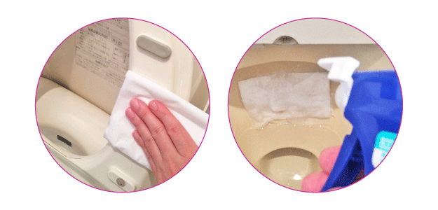 「トイレを使ったついでに便座の裏をトイレットペーパーで拭いている様子」と「トイレットペーパーを便器のカビに貼り付けてカビ取り剤を吹きかけている様子」